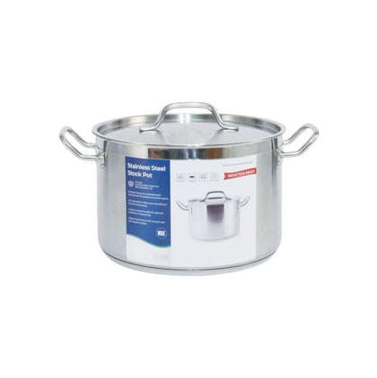12QT stainless steel stock pot with lid, rust-resistant and induction-compatible, ideal for soups, stews, and sauces, even heat distribution, packed 4 sets per case for kitchen efficiency.
