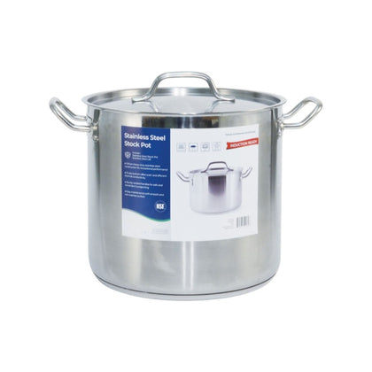 16QT stainless steel stock pot with tight-fitting lid, rust-resistant and induction-compatible, ideal for soups, stews, stocks, and pasta; durable design packed 4 sets per case for efficiency.