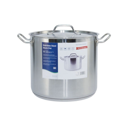 20QT stainless steel stock pot with tight lid, corrosion-resistant and induction-compatible, ideal for soups, pasta, chili, and broth; large-capacity design packed 4 sets per case.