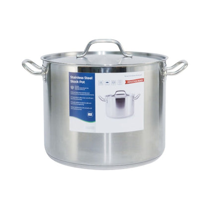 25QT stainless steel stock pot with tight-fitting lid, rust-resistant and induction-compatible, ideal for commercial cooking, soups, stews, and pasta; packed 2 sets per case for high-volume use.