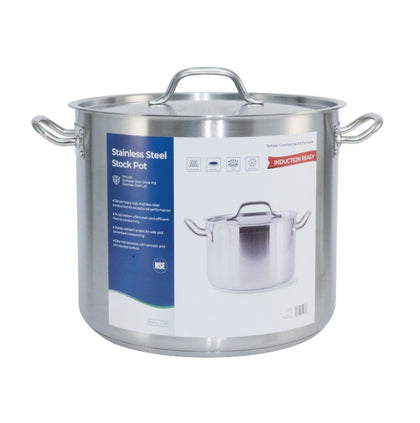32QT stainless steel stock pot with lid, rust-resistant and induction-compatible, ideal for soups, pasta, and bulk cooking; large-capacity cookware packed 2 sets per case for commercial kitchens.