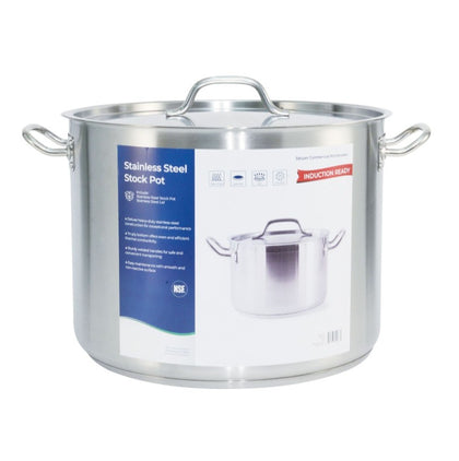 40QT stainless steel stock pot with lid, corrosion-resistant and induction-compatible, ideal for soups, stews, stocks, and large-batch cooking; durable cookware packed 2 sets per case for commercial use.