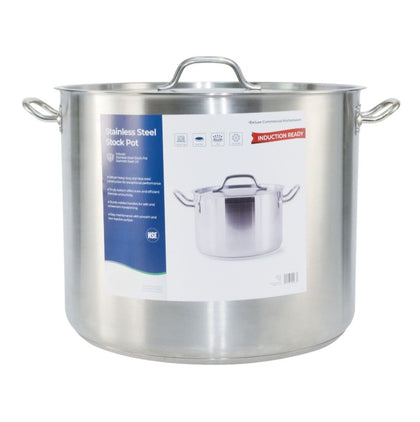 60QT stainless steel stock pot with lid, rust-resistant and induction-compatible, designed for large-volume cooking in commercial kitchens; durable and easy to clean, packed 1 set per case.
