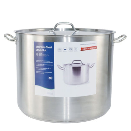 83QT stainless steel stock pot with lid, rust-resistant and induction-compatible, designed for large-volume commercial cooking; durable and easy to clean, packed 1 set per case for heavy-duty use.