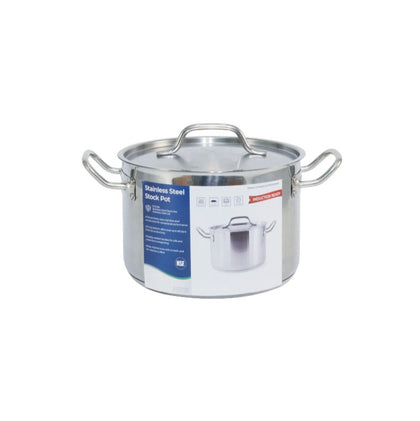 8QT stainless steel stock pot with lid, rust-resistant and induction-compatible, perfect for soups, sauces, and stews; durable and easy to clean, packed 4 sets per case for home or light commercial use.
