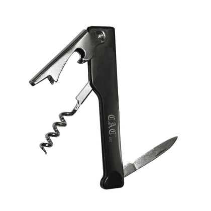 Waiter's corkscrew with black finish, stainless steel worm, foil cutter, and double-hinged design. Case Packed: 144, Quantity Break: 12 each. Ideal for restaurants and bar service.