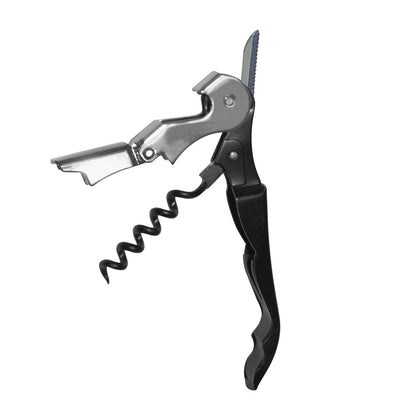 Waiter's corkscrew with hinged double lever, stainless steel worm, ergonomic handle, and foil cutter. Case Packed: 96, Quantity Break: 12 each for restaurant or bar use.
