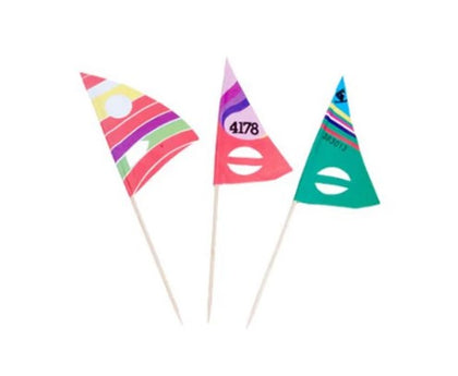 Box of 100 windsurf picks, unique and decorative picks perfect for garnishing drinks, appetizers, and adding a fun, tropical touch to parties.