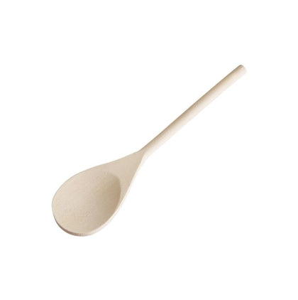12-inch wooden spoon made from natural hardwood, durable and heat-resistant, ideal for stirring, mixing, and cooking in restaurants, bakeries, and commercial food prep or kitchen environments