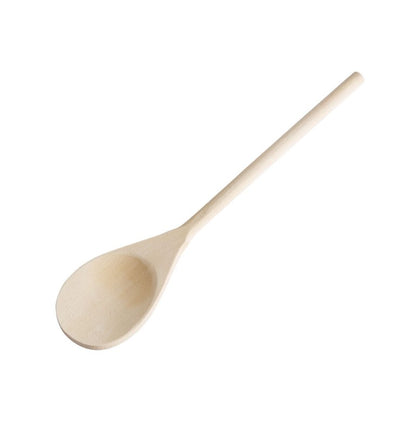 14-inch wooden spoon made from durable natural hardwood, heat-resistant and safe for non-stick cookware—perfect for stirring and cooking in commercial kitchens, bakeries, and prep stations