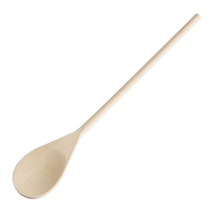 18-inch wooden spoon made from durable natural hardwood, heat-resistant and safe for non-stick cookware—ideal for stirring, mixing, and cooking in commercial kitchens, bakeries, and catering environments