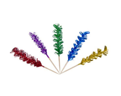 Box of 100 curly frill picks, perfect for cocktails, appetizers, and party garnishes.