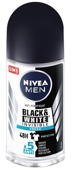 Nivea Men Roll-On Invisible Black & White Original, 50ml deodorant with sweat and odor protection that prevents white marks and yellow stains.