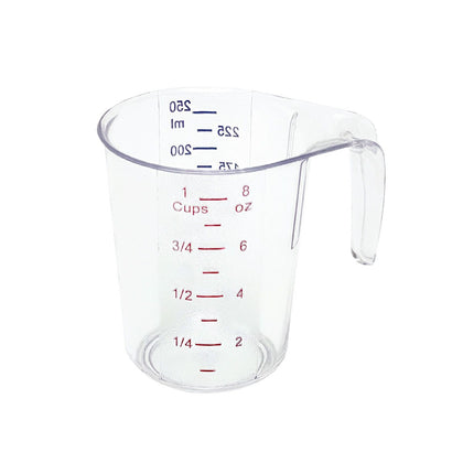 1-cup measuring cup with dual markings (25–250mL), durable clear polycarbonate, easy-grip handle, and drip-free spout; perfect for kitchens, catering, and restaurants; packed by 72 each per case