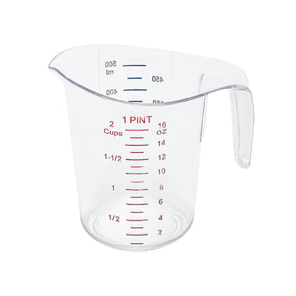 1-pint measuring cup with dual markings (50–500mL), durable clear polycarbonate, easy-grip handle, and drip-free spout; perfect for kitchens, catering, and restaurants; packed by 72 each per case