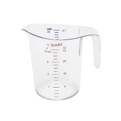 1-quart measuring cup with dual markings (100–1000mL), durable clear polycarbonate, easy-grip handle and spout; perfect for kitchens, bakeries, and catering; packed by 36 each per case