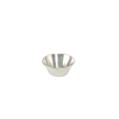 1.5oz stainless steel sauce cup with polished finish—durable, rust-resistant, and ideal for condiments in restaurants, catering, or cafes. Easy to clean. Packed 48 dozen per case