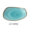 This plate features a free form shape with a curved coupe rim, this glazed turquoise plate is ideal for restaurants, catering operations, and hotels seeking reliable, dishwasher, oven, and microwave-safe dinnerware with a sophisticated appearance and ease of maintenance. Elevate your dining experience with the EcoQuality dinnerware.