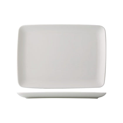 10-inch coupe rectangular platter, made of scratch-resistant ceramic, featuring a sleek, modern design, perfect for restaurants, cafés, and home dining to serve appetizers, sushi, or desserts.