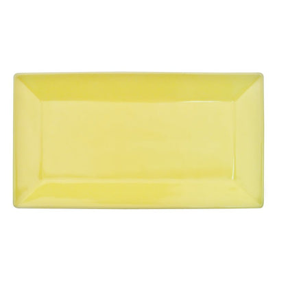 10-inch rectangular sunflower platter, durable ceramic serveware, vibrant yellow glaze, modern dish, microwave and dishwasher safe, stylish tableware for appetizers, main courses, and desserts.