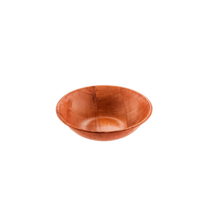 10-inch woven wood bowl with natural finish for large salads, entrees, and shared dishes; lightweight, durable, stackable, and break-resistant; ideal for food service; packed 96 per case.