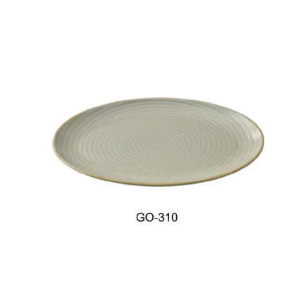 This oval plate features a curved edge rim, it combines functional size with aesthetic appeal. Its earthy tone with a golden rim fits well in upscale casual or hospitality settings, supporting efficient service with microwave and dishwasher compatibility for streamlined operations. Elevate your dining experience with the EcoQuality restaurant dinnerware.