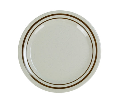 This Round Dinner Plate is a great and affordable restaurant tableware. It is made from durable and reliable melamine material, which makes the plate look like ceramics. You can use this stylish plate to serve any dish you want. For example, you can use it for serving breads, salads, side dishes, appetizers or hot meals. The Sesame collection features brown banded rim designs, making this a versatile melamine option for restaurants.