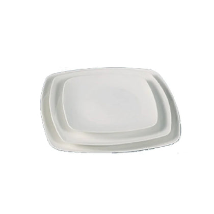 This flat square plate features a durable flat edge and a bone white finish, combining aesthetic appeal with long-lasting performance. Its dishwasher, oven, and microwave safe construction makes it suitable for both everyday use and high-demand settings, supporting efficient meal presentation and service workflow in institutional restaurant kitchens and quick-serve establishments.