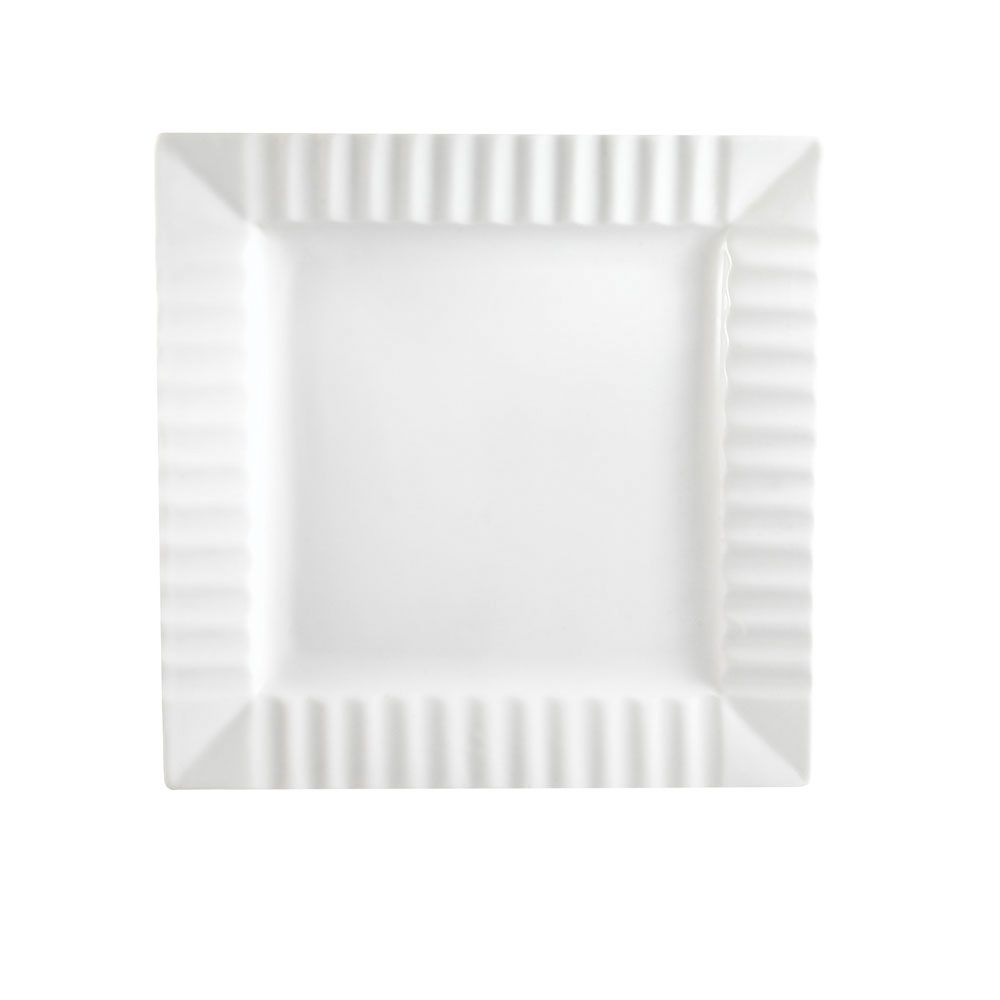 10.25-inch square plate with striped rim, stylish and durable, microwave-safe, oven-safe, dishwasher-safe, stain-resistant, perfect for serving entrees, appetizers, and desserts.