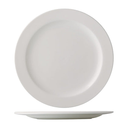 10.5-inch plate with a medium rim, scratch-resistant glaze, and durable construction, perfect for restaurants, cafés, and home dining to enhance food presentation and prevent spills.
