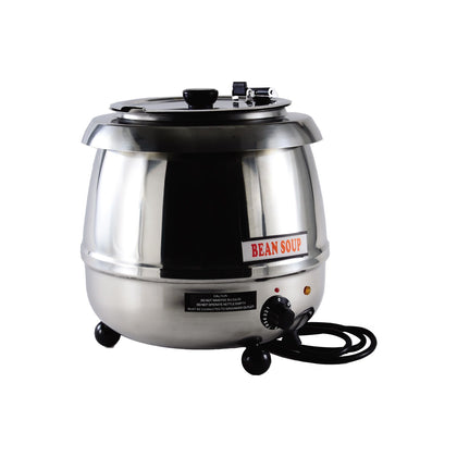 10.5QT stainless steel silver soup warmer with lid, ideal for buffets, catering, and food service; high-capacity and durable design with even heating and professional appearance.