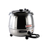 10.5QT stainless steel silver soup warmer with lid, ideal for buffets, catering, and food service; high-capacity and durable design with even heating and professional appearance.