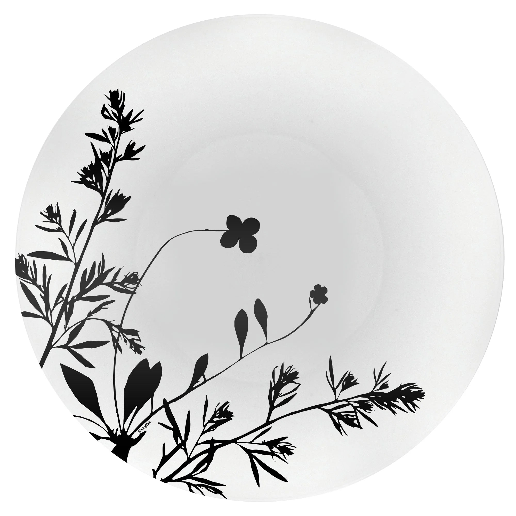 Round Wildflower Black/White Plate featuring a black floral design on white, available in 10.5-inch and 8-inch sizes. Reusable, durable, BPA-free, perfect for weddings, events, and daily use.
