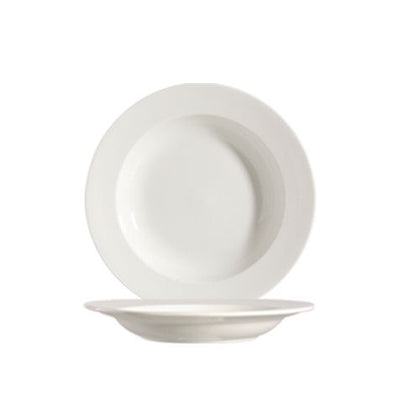 24oz round porcelain soup plate, 11.5-inch wide rim bowl for soups, pasta, and salads. Durable, microwave, oven, and dishwasher safe. Ideal for home, restaurants, and catering services.