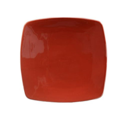 10 1/2-inch red square flat plate with bold color and scratch-resistant finish; perfect for restaurants, catering, or home use; ideal for serving entrees, desserts, and appetizers
