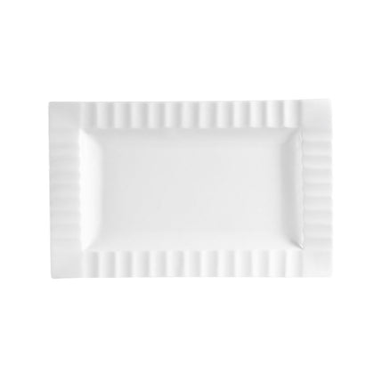 10-inch rectangular serving platter with striped rim, durable and lightweight, microwave-safe, oven-safe, dishwasher-safe, stain-resistant, perfect for appetizers, entrees, and desserts.