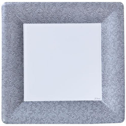 Textures Silver Square Plate in 7-inch and 10-inch sizes, featuring a stylish textured design, ideal for weddings, parties, and events, made of BPA-free disposable plastic for easy cleanup.