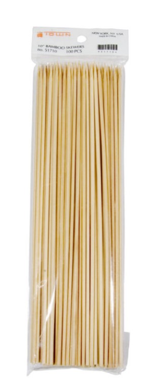 Pack of 100, 10-inch bamboo skewers, perfect for grilling, kebabs, and appetizers.


