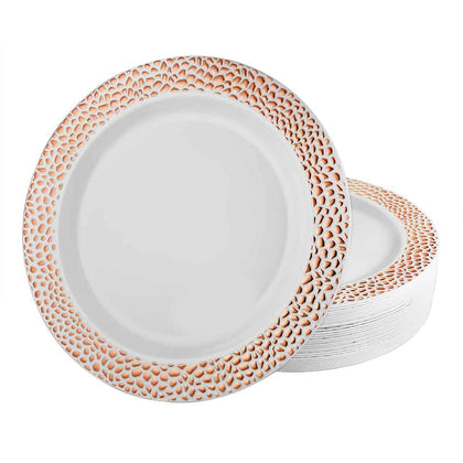 Pebbled Premium Rose Gold Plates in 10-inch, 9-inch, and 7-inch sizes. Elegant, reusable dinnerware with a rose gold finish and pebbled texture. Ideal for weddings, parties, and special occasions.