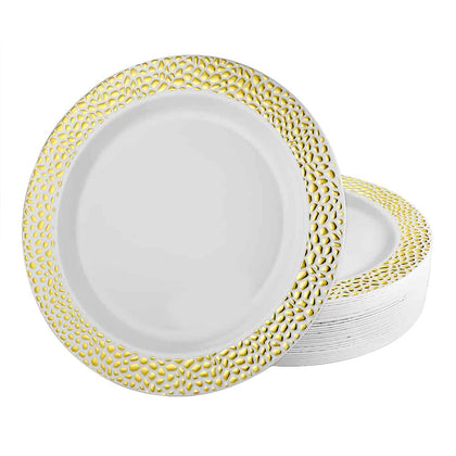 Pebbled Premium Gold Plates in 10-inch, 9-inch, and 7-inch sizes. Elegant, durable, and reusable dinnerware. Perfect for weddings, catering, parties, and home dining. BPA-free and suitable for all meals.