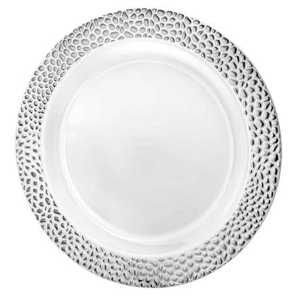Pebbled Premium Silver Plates in 10-inch, 9-inch, and 7-inch sizes. Durable, reusable dinnerware with a silver finish and pebbled texture. Ideal for weddings, catering, and special occasions.