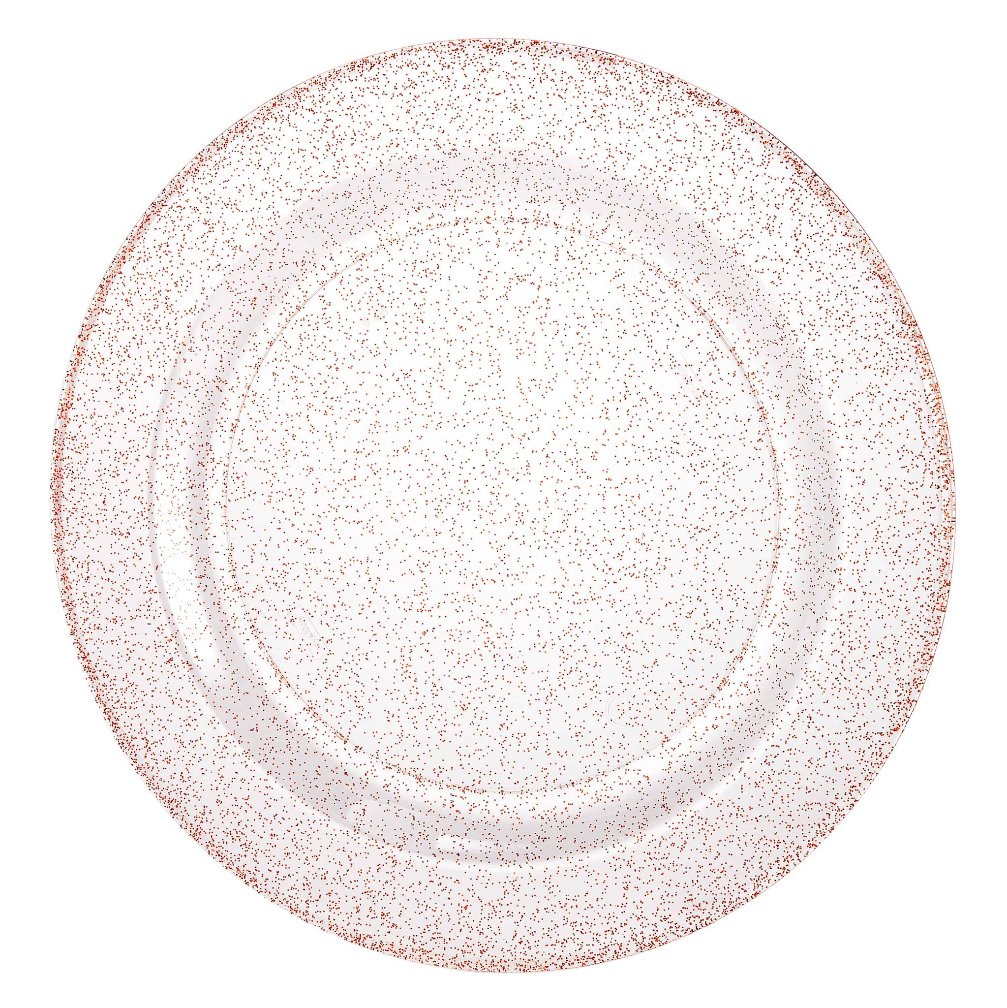 Rose gold round glitter plates in 7.5-inch, 9-inch, and 10.25-inch sizes. Perfect for meals, appetizers, salads, and desserts. Ideal for weddings, parties, catering, events. Durable, BPA-free, and reusable.