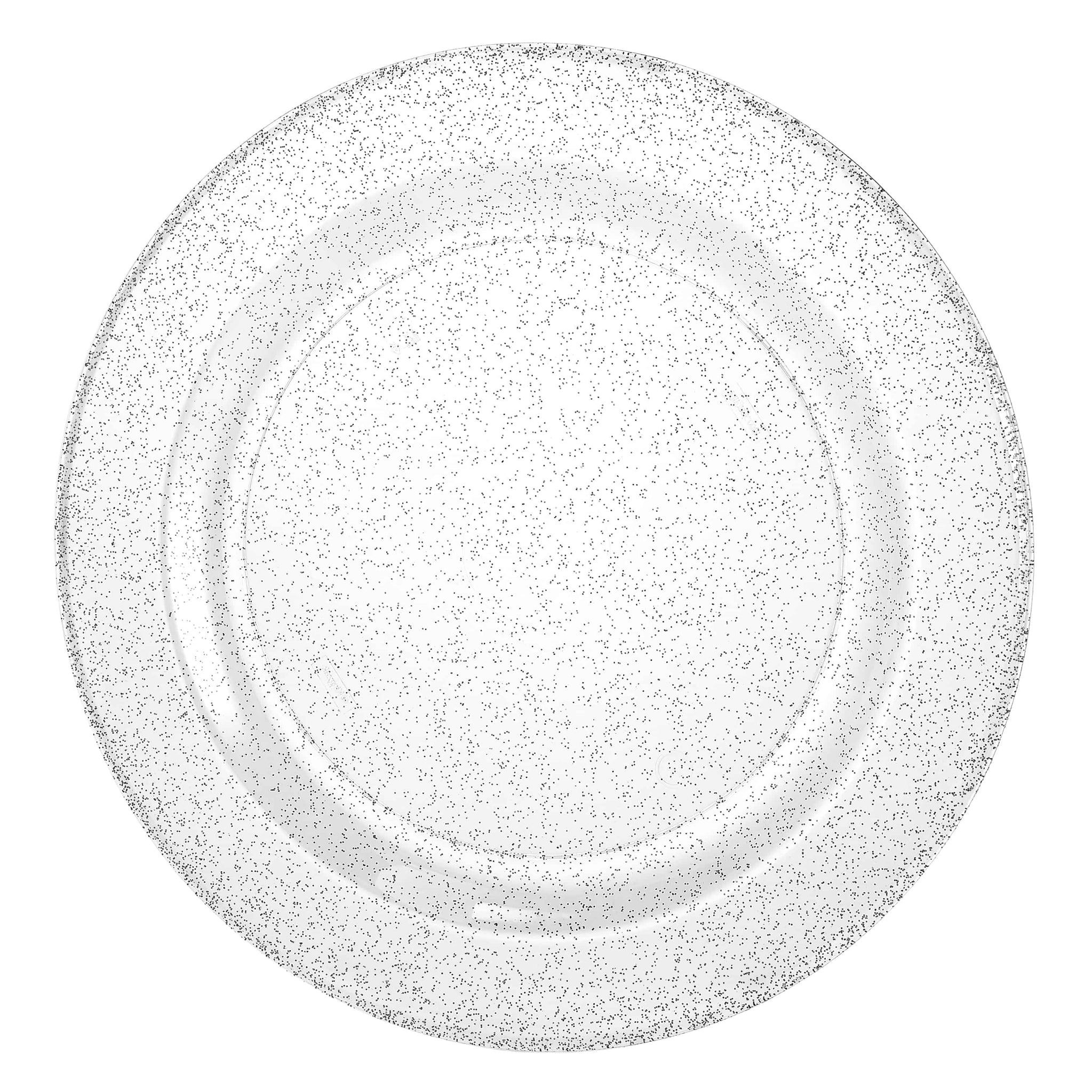 Round silver glitter plastic plates in 10.25-inch, 9-inch, and 7.5-inch sizes. Durable, BPA-free, reusable, and disposable. Perfect for weddings, parties, catering, and elegant table settings.