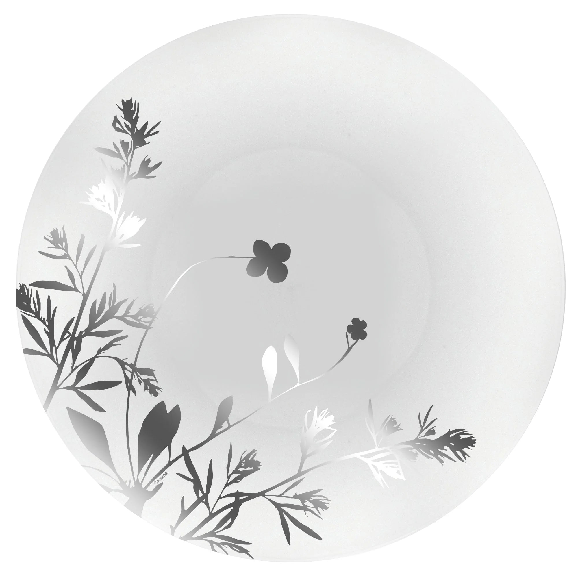 Wildflower Silver/White Plate with a silver floral design, 10.5-inch plate for main courses and 8-inch plate perfect for salads or appetizers. Elegant, durable, reusable, or disposable.