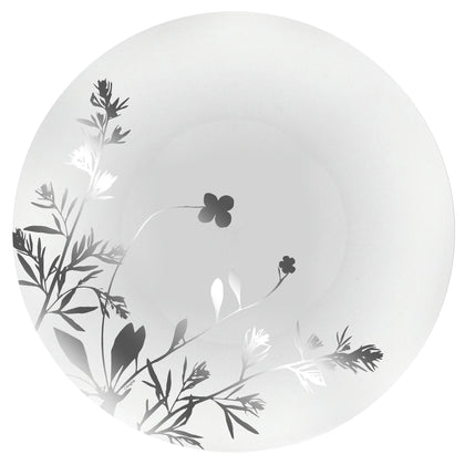 Wildflower Silver/White Plate with a silver floral design, 10.5-inch plate for main courses and 8-inch plate perfect for salads or appetizers. Elegant, durable, reusable, or disposable.