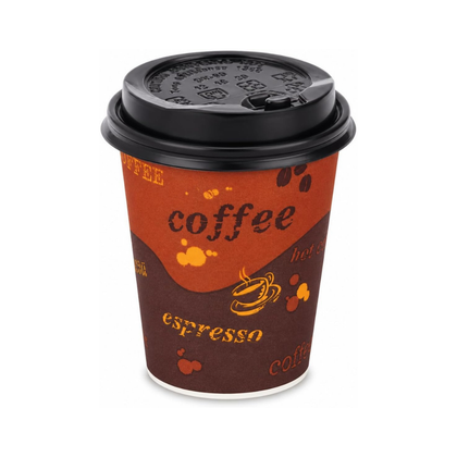 10oz Brown Disposable Coffee Hot Paper Cups with Black Dome Lids
