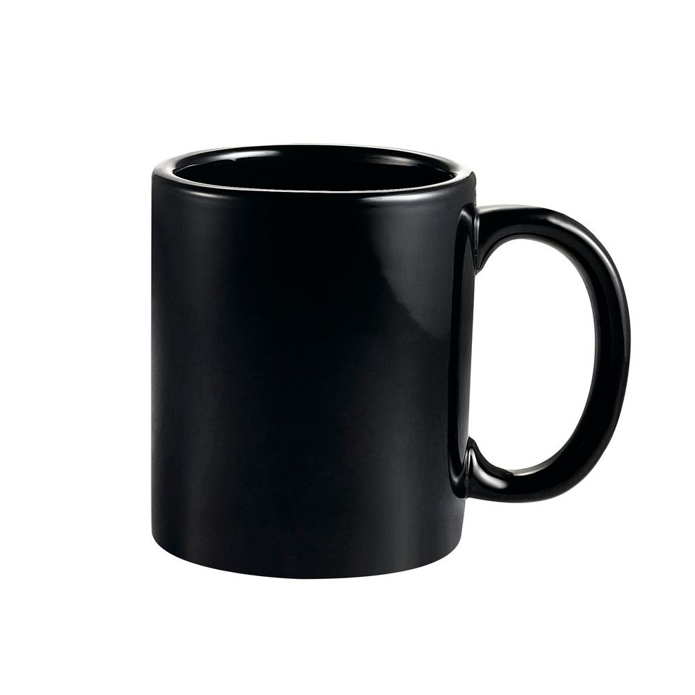 10oz black coffee mug, 3 1/2-inch ceramic cup, modern black tea mug, durable chip-resistant mug, sleek black coffee cup, heat-retaining tea cup, easy-to-clean glazed mug, ergonomic handle mug.