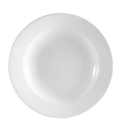 10oz 8 7/8” Rim Soup Plate made of durable, chip-resistant porcelain. Microwave & dishwasher-safe, ideal for soups, stews, and pasta. Classic white design for home, restaurant, or catering use.