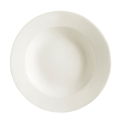 10oz Rim Soup Plate R.E. #7 9 inch – Chip-resistant, microwave-safe, and dishwasher-friendly. Perfect for soups, pasta, and stews, featuring a classic wide rim design.