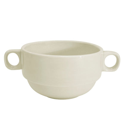 10oz stacking bouillon with handles, 6-inch, ergonomic handles, stackable design, perfect for broths, soups, microwave and dishwasher safe, ideal for home and restaurant use.